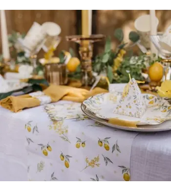 Chemin de table Chemin de Table Mimosa Tissu Blanc Citrons et Feuillages 