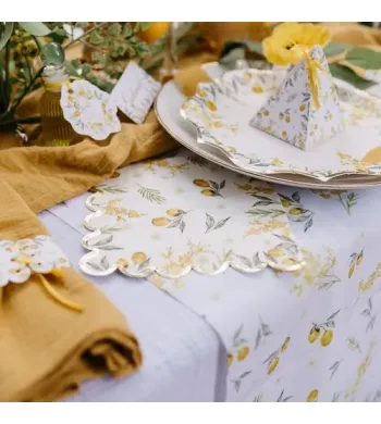 Chemin de table Chemin de Table Mimosa Tissu Blanc Citrons et Feuillages 
